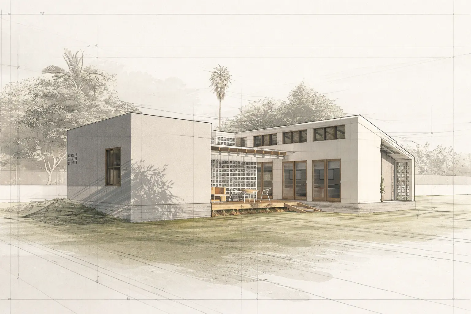 Render de la fachada principal de Casa Boj, una vivienda sustentable en Tabasco