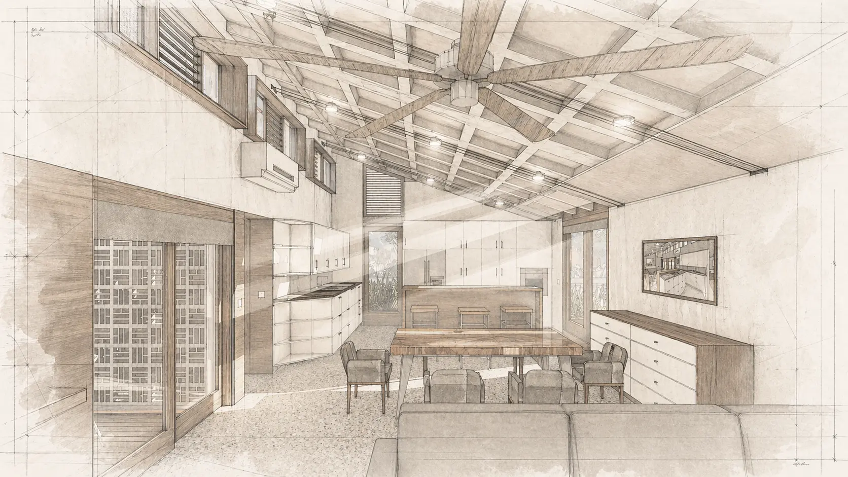 Render interior del espacio social central abierto hacia la naturaleza