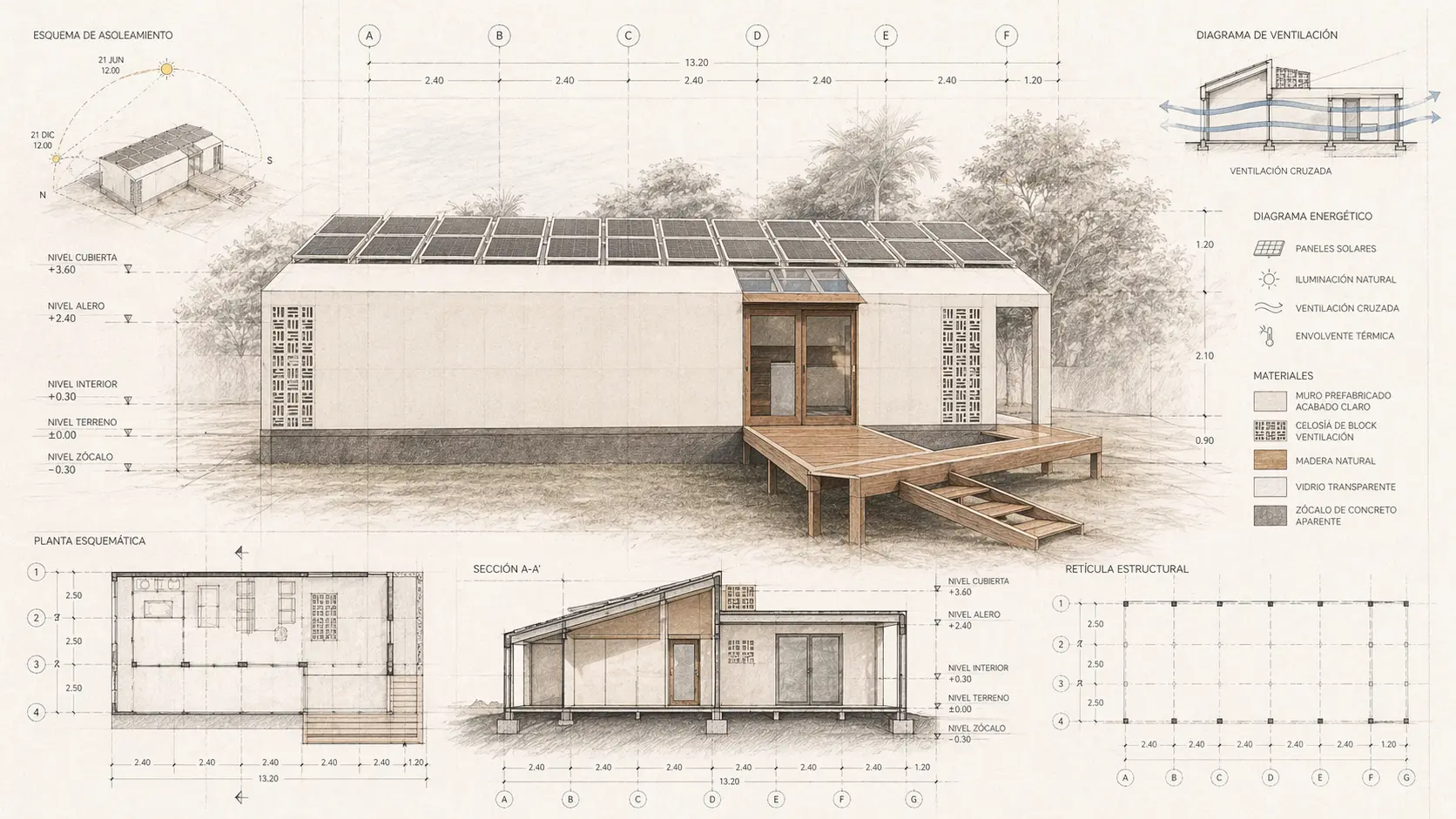 Plano técnico L-01: asoleamiento, ventilación, sección A-A' y planta